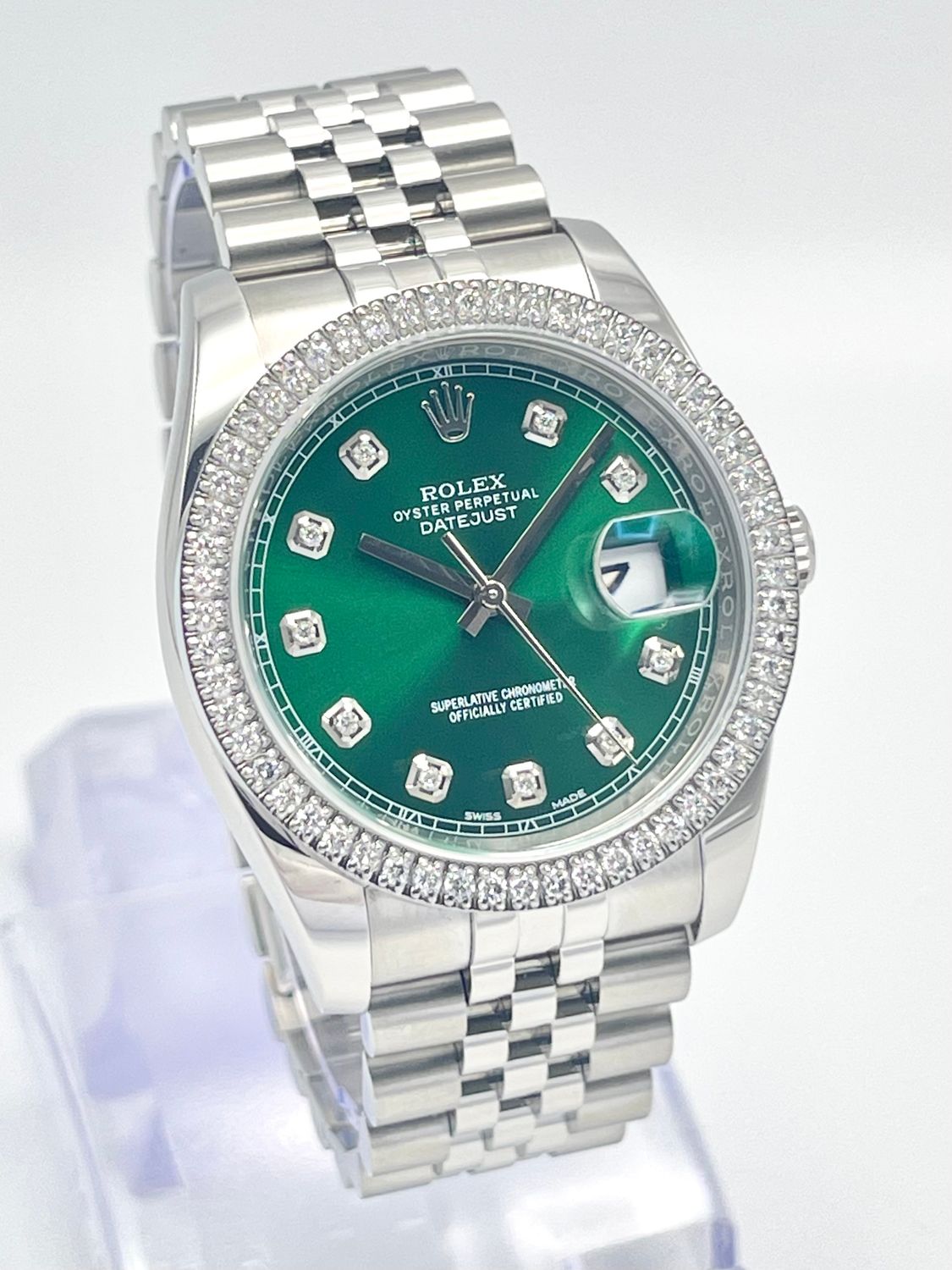 Rolex Datejust 116234 36mm Green Diamond Dial Diamond Bezel Jubilee Box