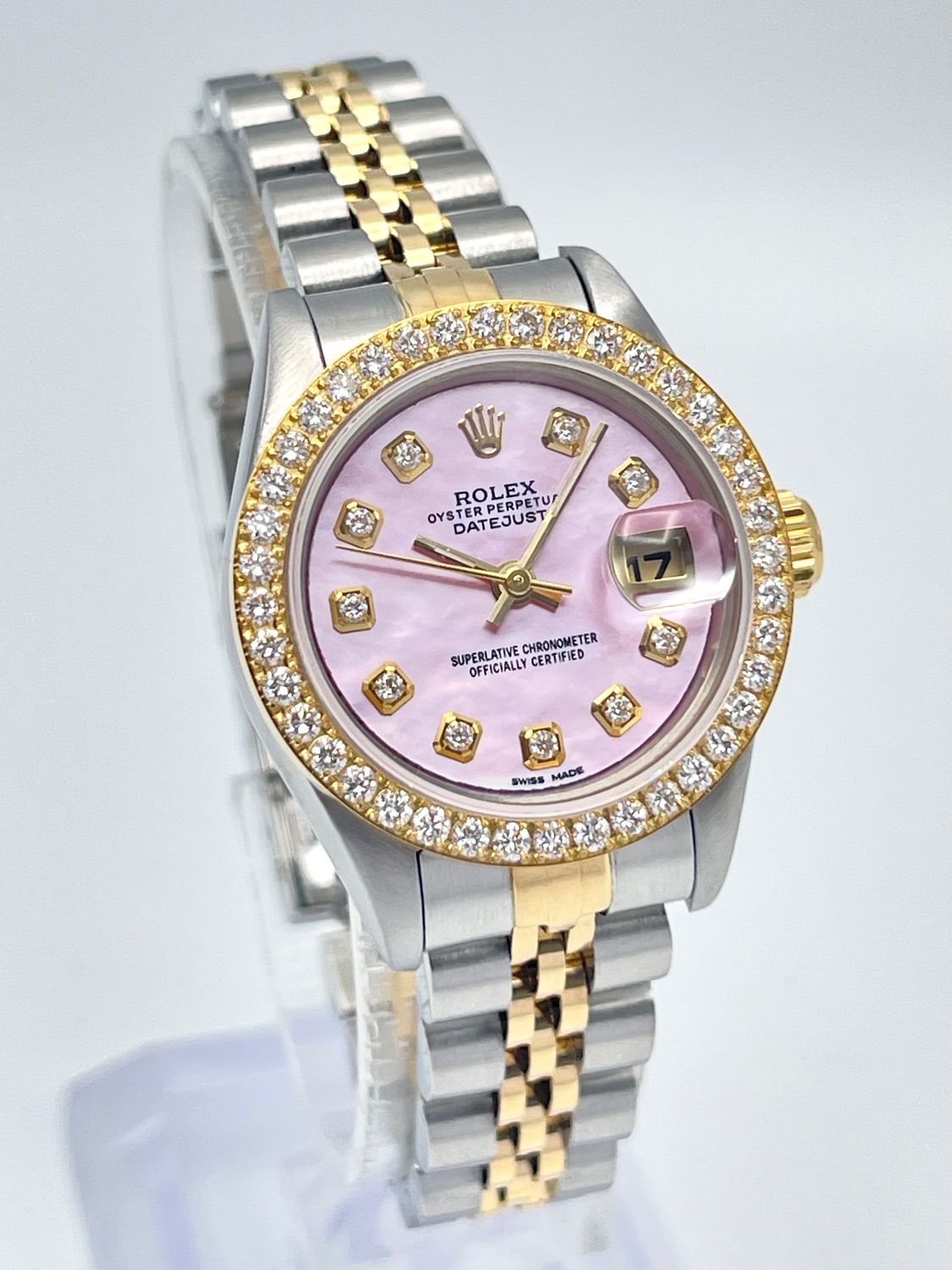 Rolex Datejust 26mm 69173 Pink MOP Diamond Dial Diamond Bezel Two Tone Papers