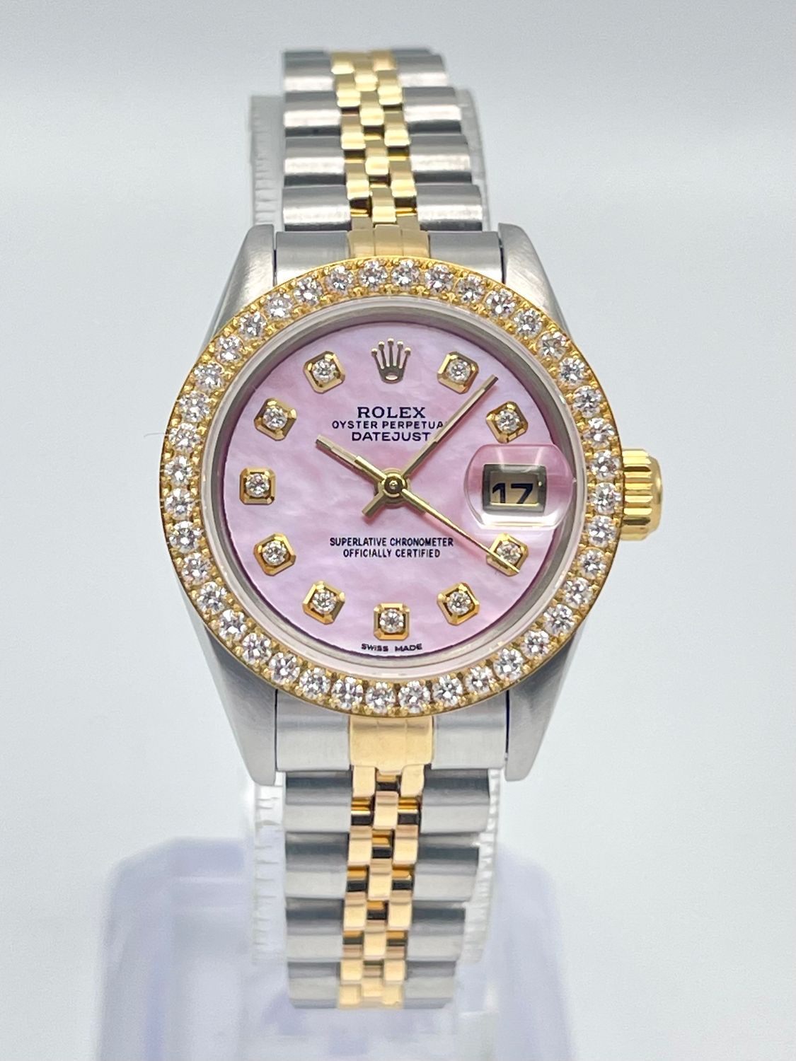 Rolex Datejust 26mm 69173 Pink MOP Diamond Dial Diamond Bezel Two Tone Papers