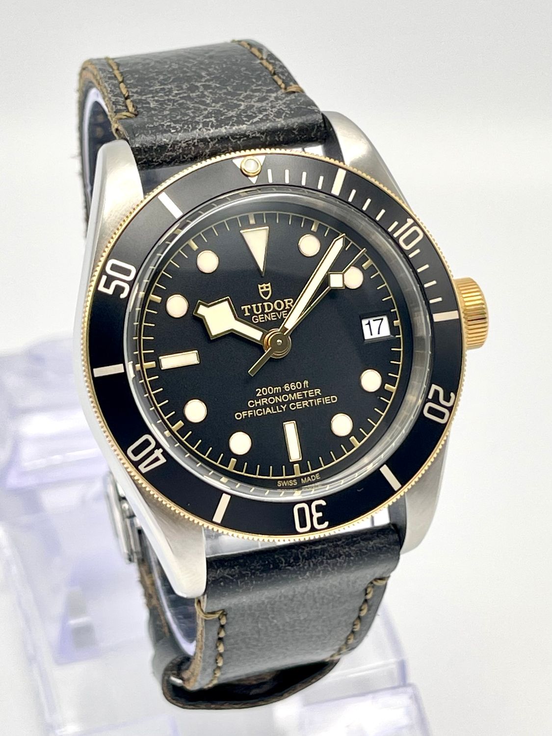 Tudor Black Bay 41 41mm 79733N Black Dial Black Bezel Leather Strap Papers