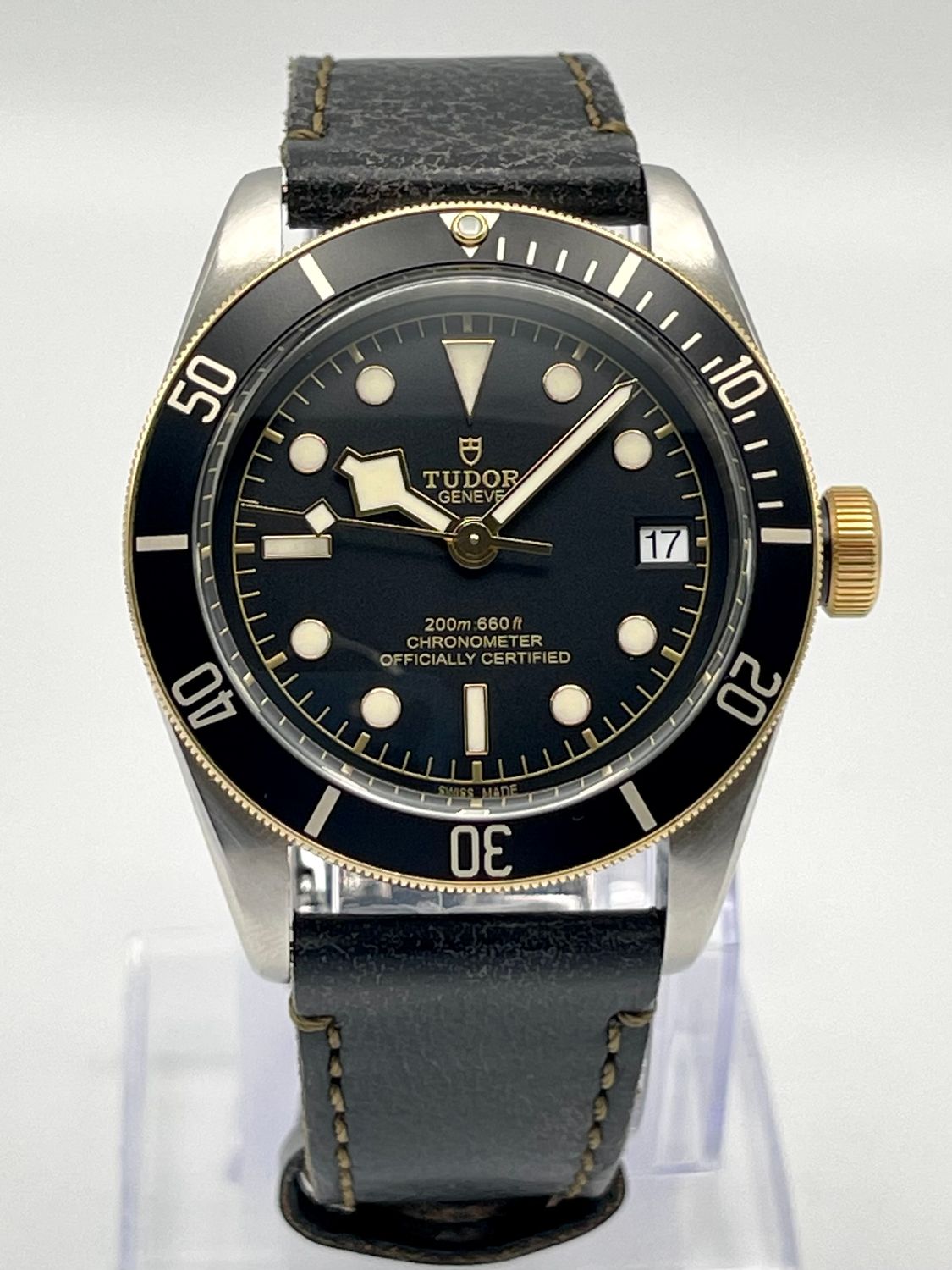 Tudor Black Bay 41 41mm 79733N Black Dial Black Bezel Leather Strap Papers