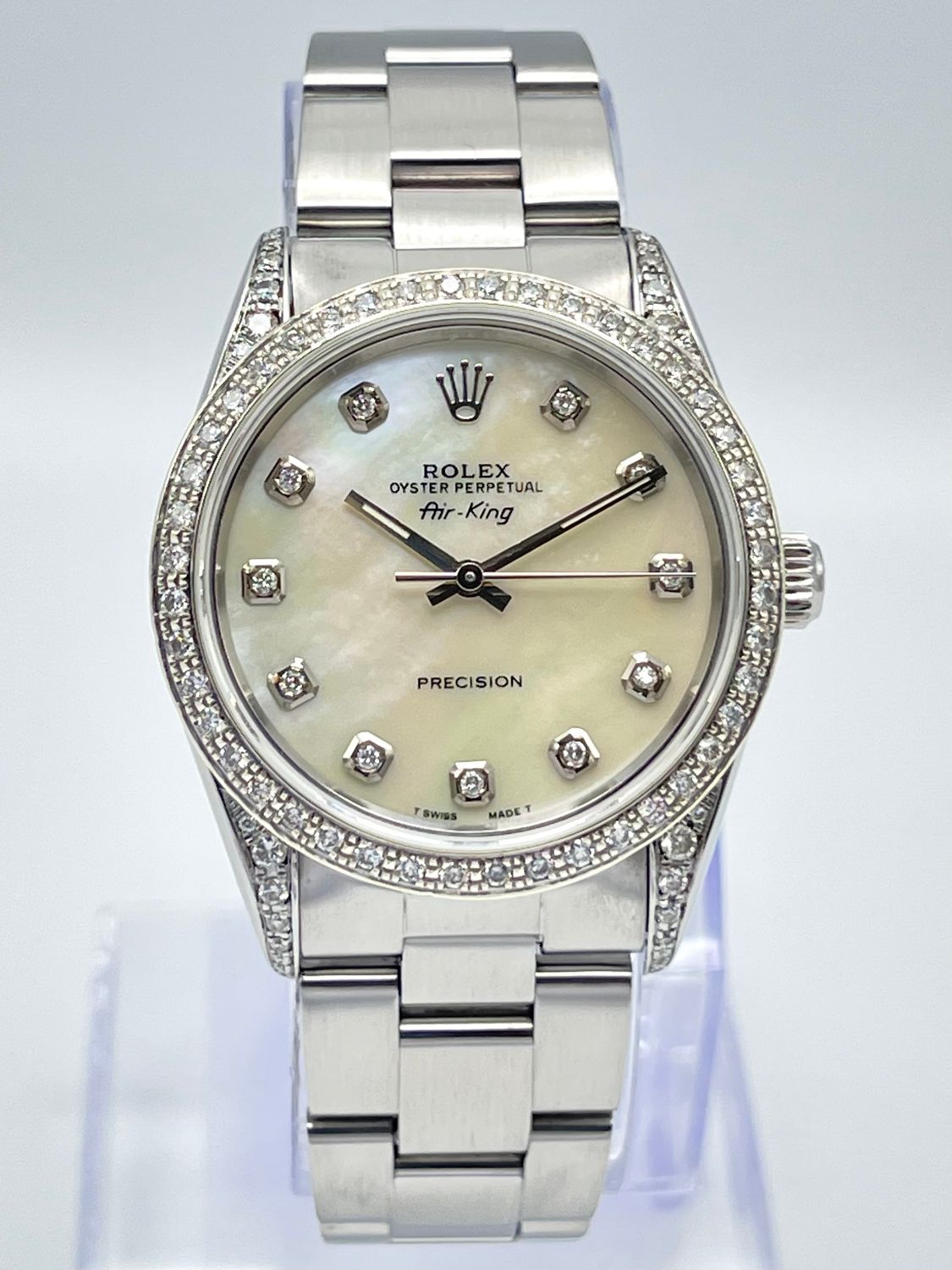 Rolex Air-King 14010 34mm MOP Diamond Dial Diamond Bezel &amp; Lugs Box
