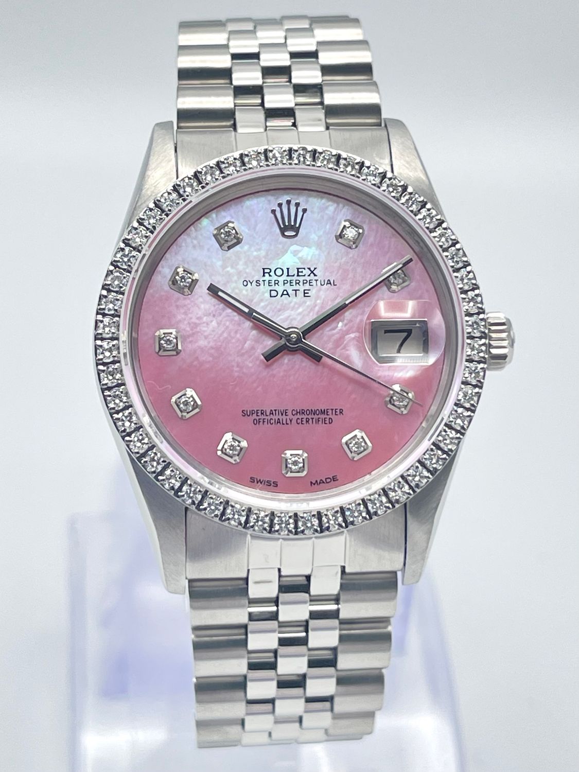 Rolex Date 34mm 15000 Pink MOP Diamond Dial &amp; Diamond Bezel Jubilee Box