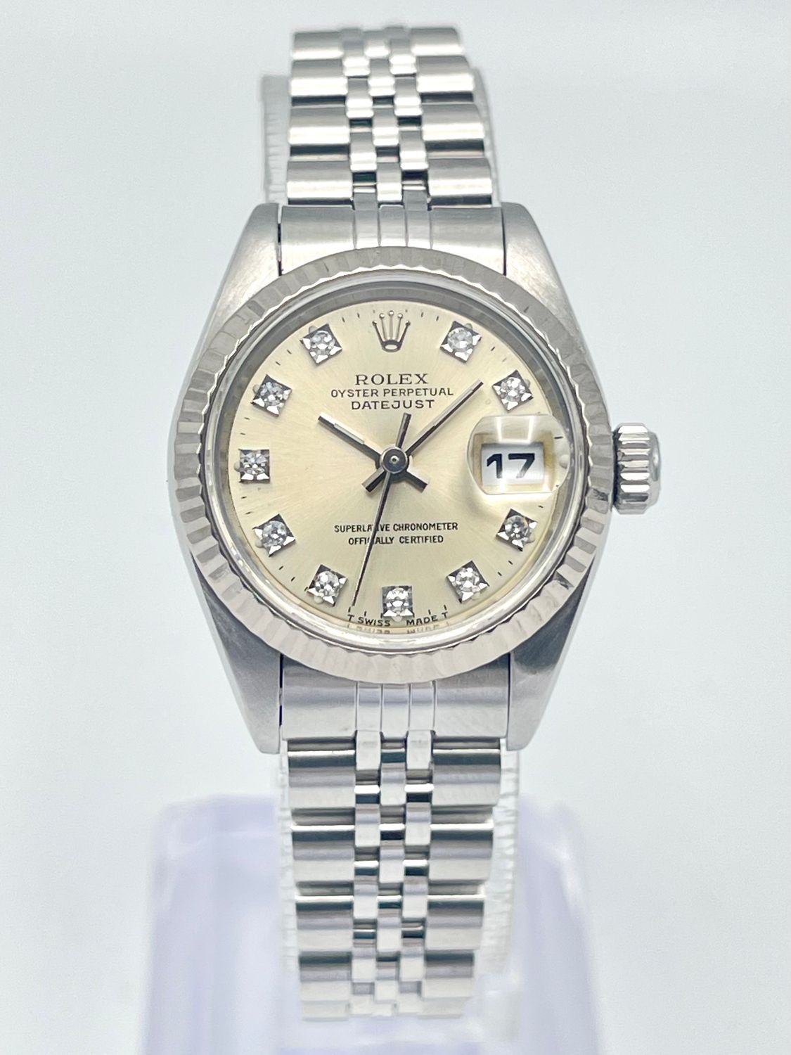Rolex Datejust 26mm 69174 Factory Silver Diamond Dial Fluted Bezel Jubilee Box