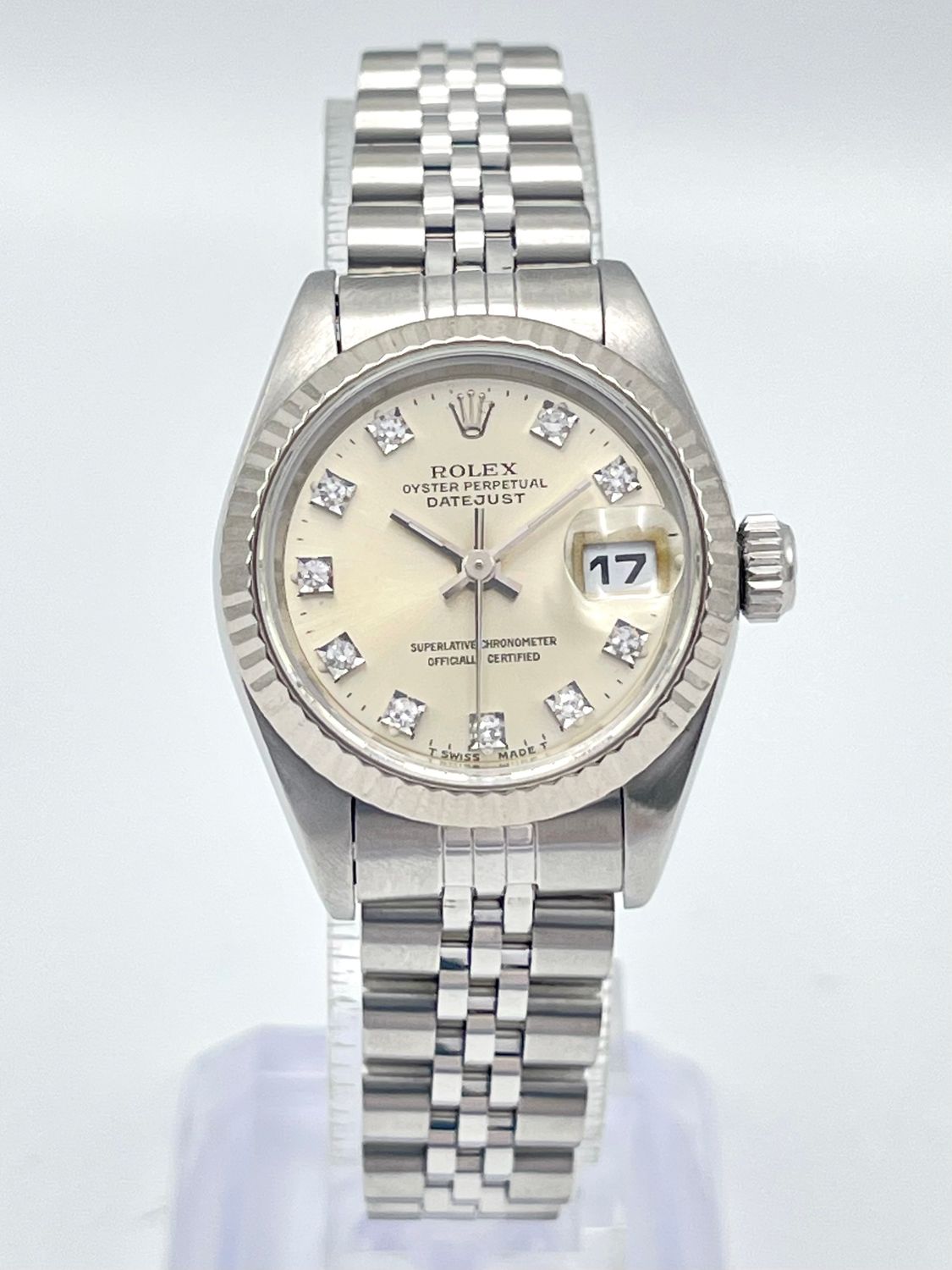 Rolex Datejust 26mm 69174 Factory Silver Diamond Dial Fluted Bezel Jubilee Box