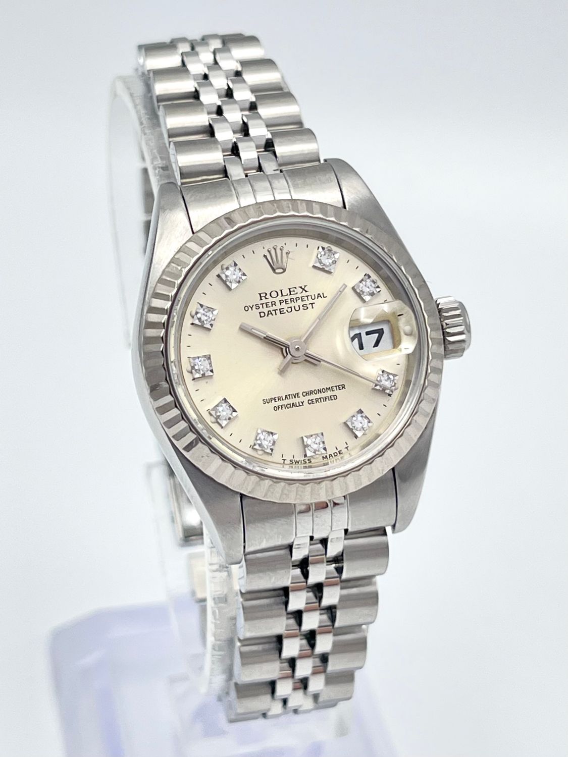 Rolex Datejust 26mm 69174 Factory Silver Diamond Dial Fluted Bezel Jubilee Box