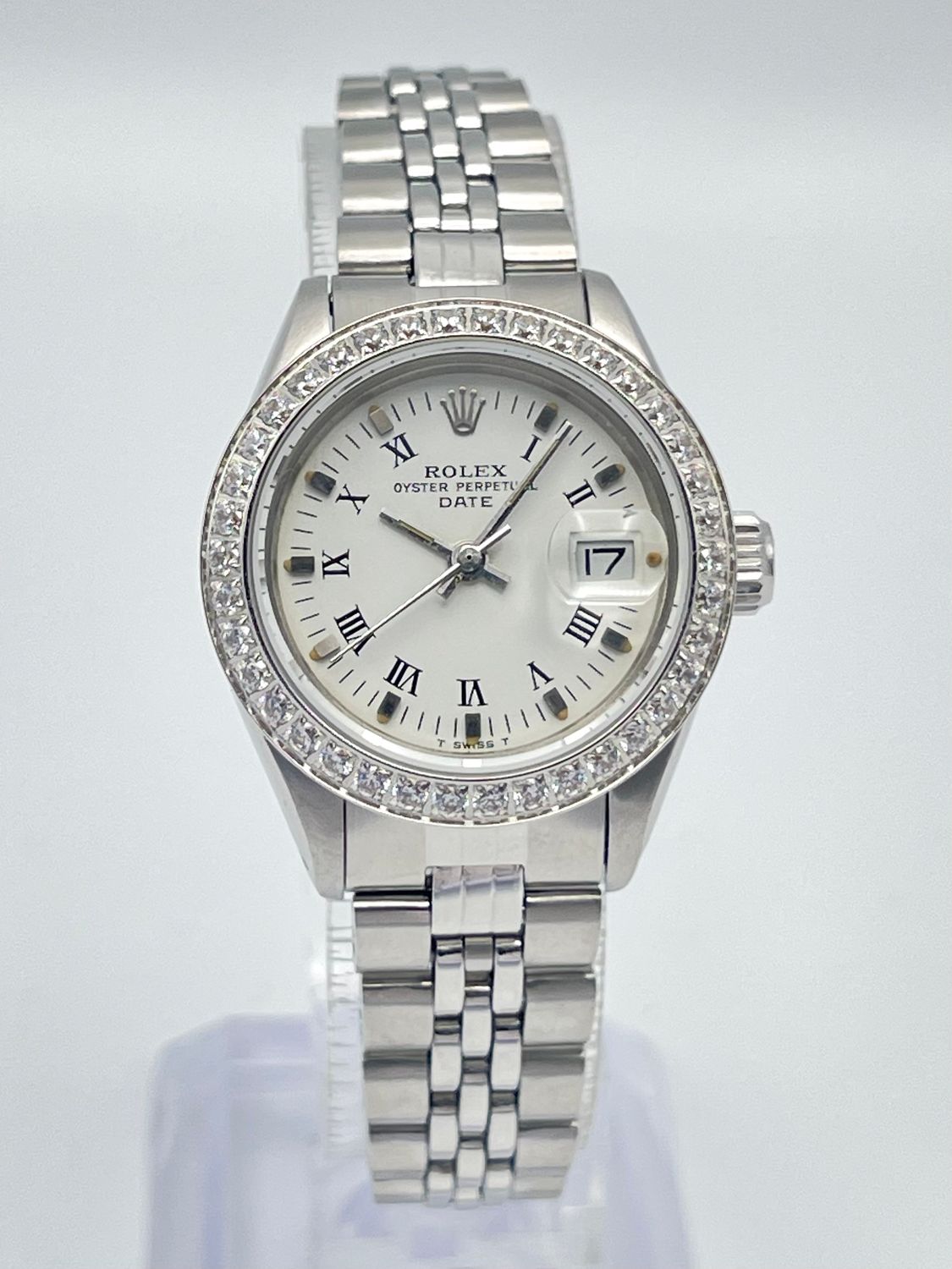 Ladies Rolex Datejust 26mm 6916 White Roman Dial Custom Bezel Jubilee Box