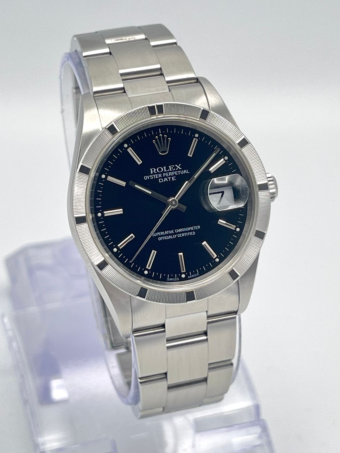 Rolex Oyster Date 34mm 15210 Black Baton Dial Engine Turned Bezel Datejust