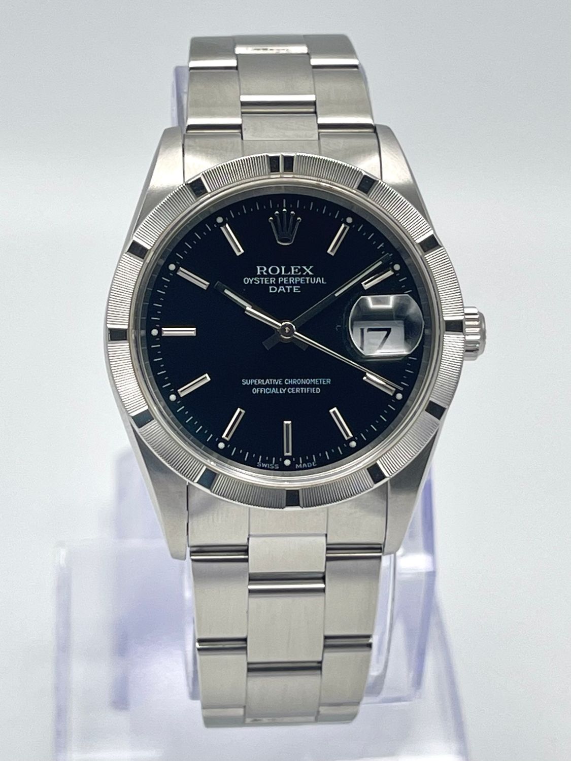 Rolex Oyster Date 34mm 15210 Black Baton Dial Engine Turned Bezel Datejust
