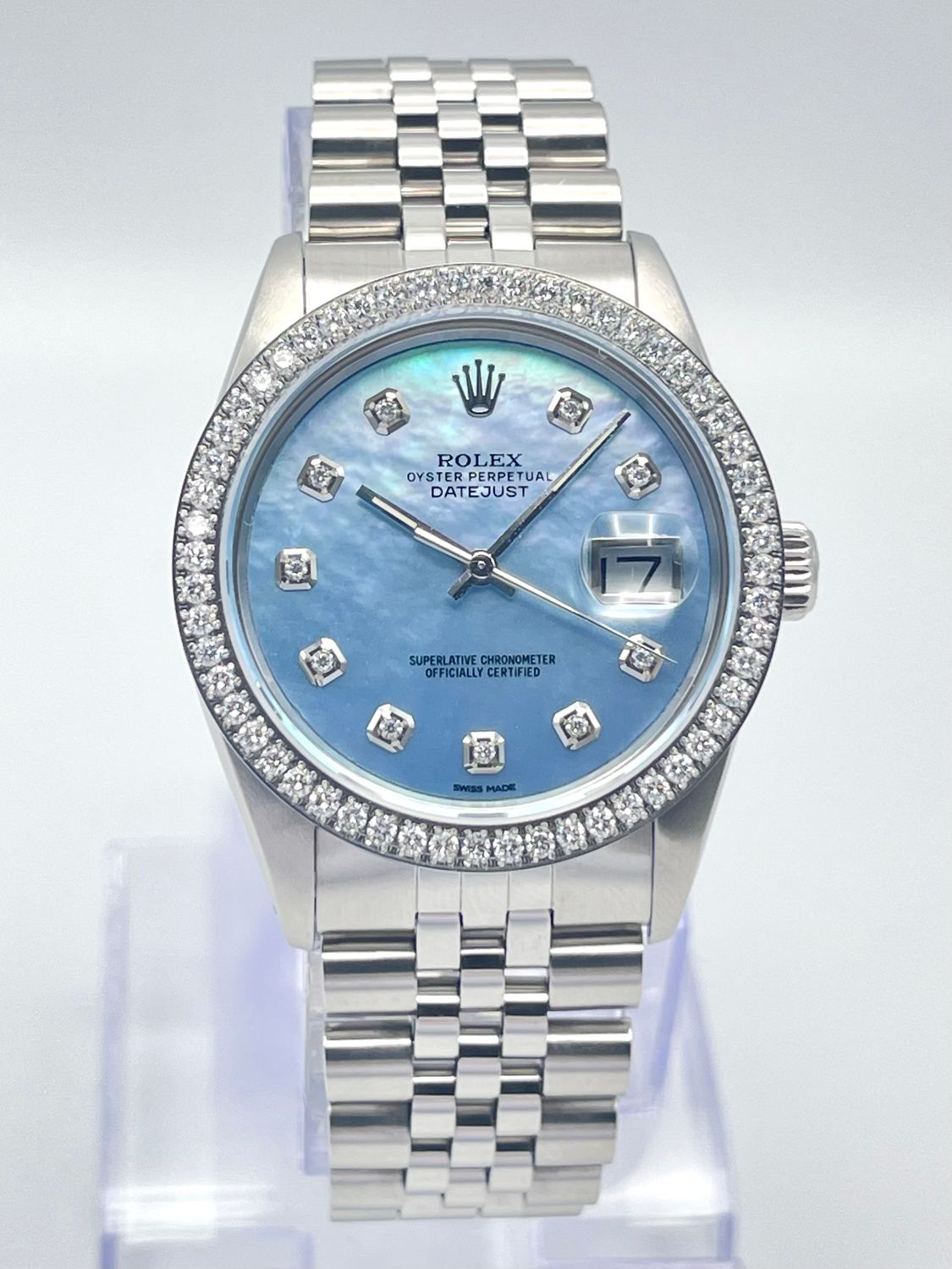 Rolex Datejust 16014 36mm Blue MOP Diamond Dial Diamond Bezel Jubilee Box