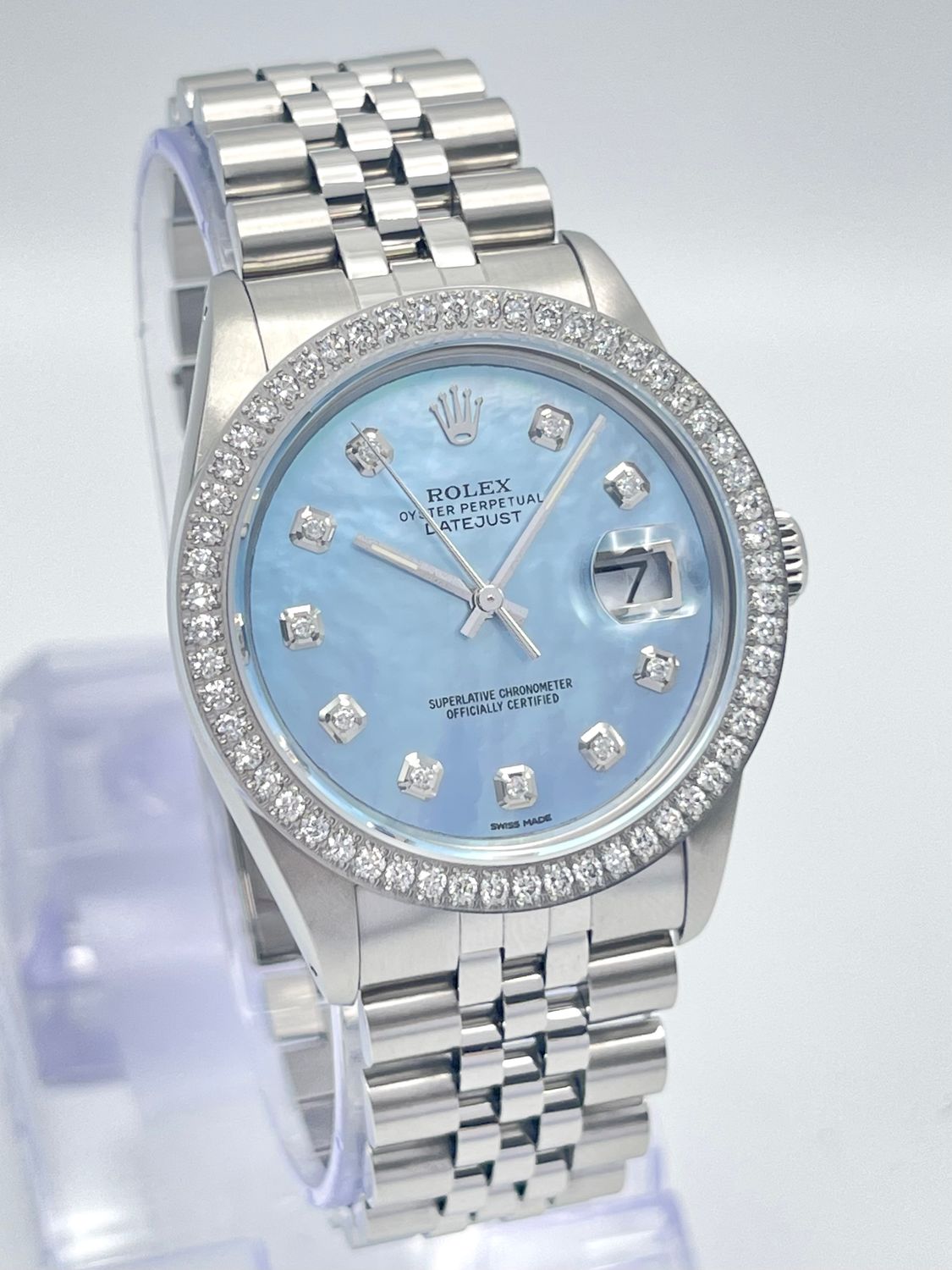 Rolex Datejust 16014 36mm Blue MOP Diamond Dial Diamond Bezel Jubilee Box