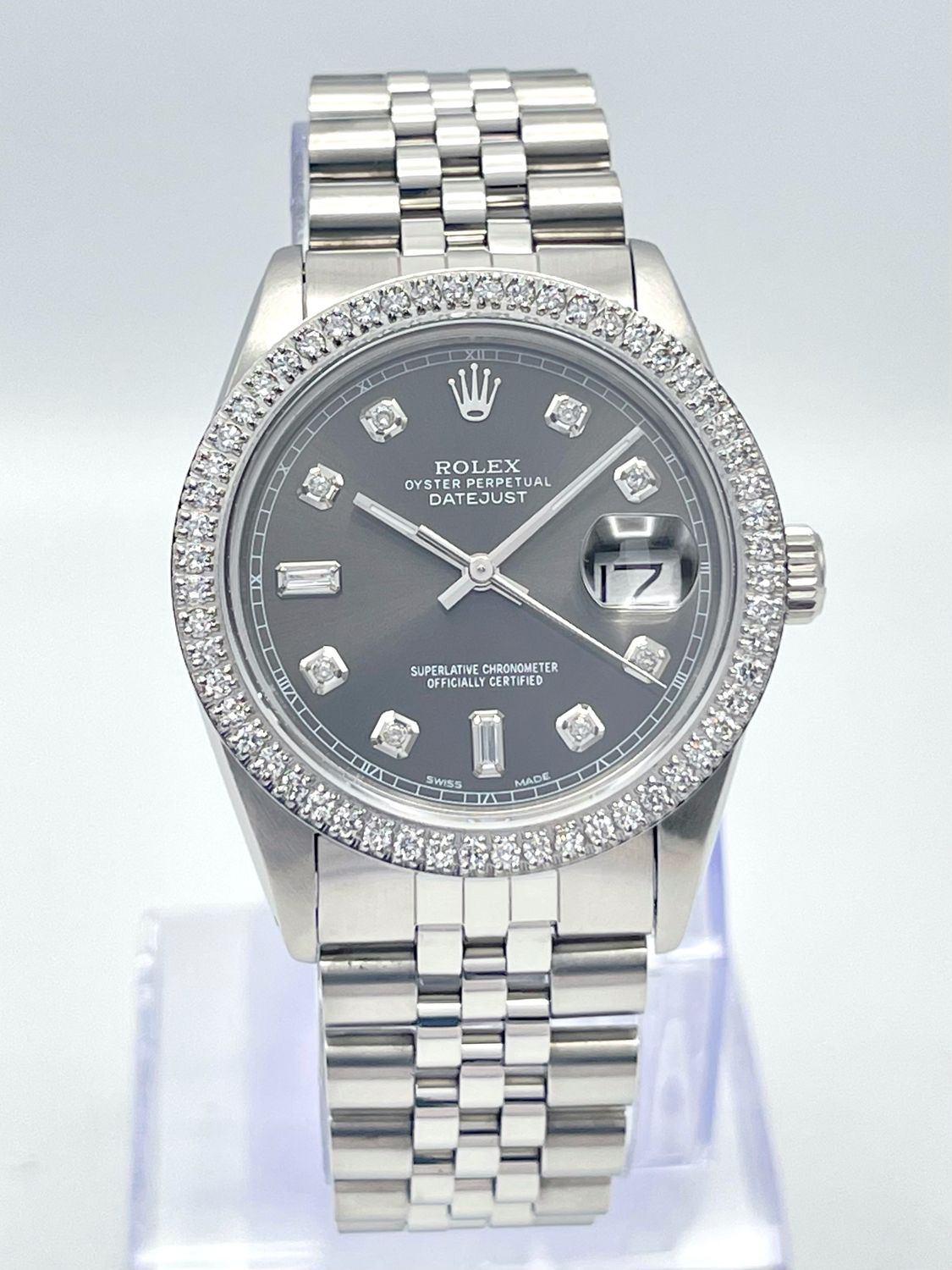 Rolex Datejust 16014 36mm Grey Diamond Dial Diamond Bezel Jubilee Box