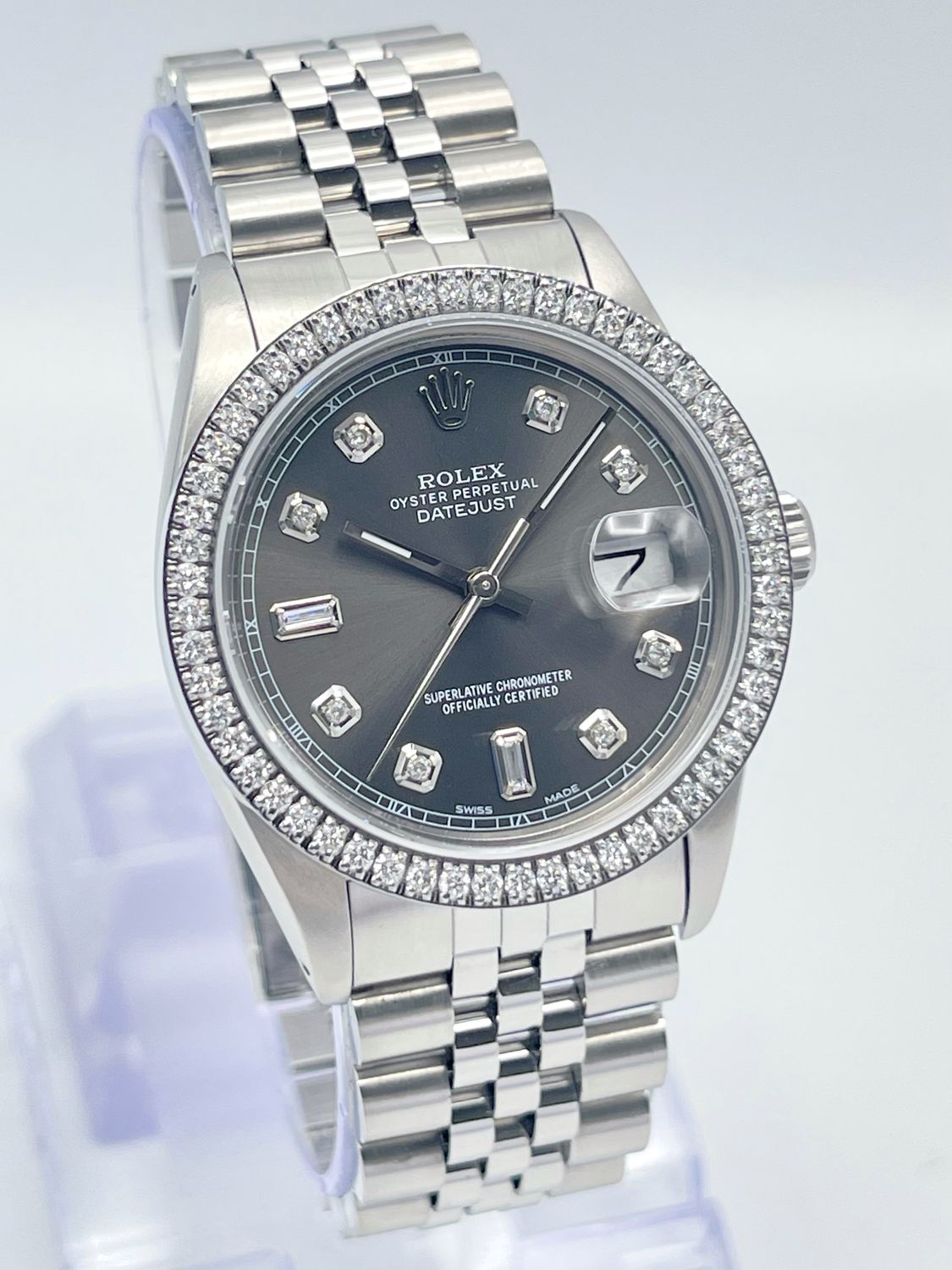 Rolex Datejust 16014 36mm Grey Diamond Dial Diamond Bezel Jubilee Box