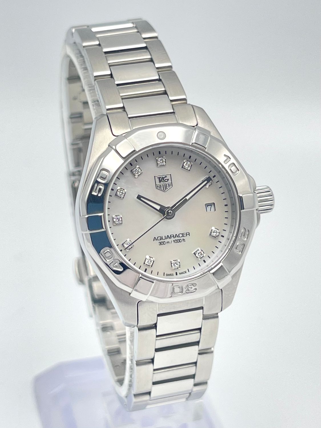 Tag Heuer Aquaracer WAY1413 27mm MOP Diamond Dial Stainless Bezel Papers