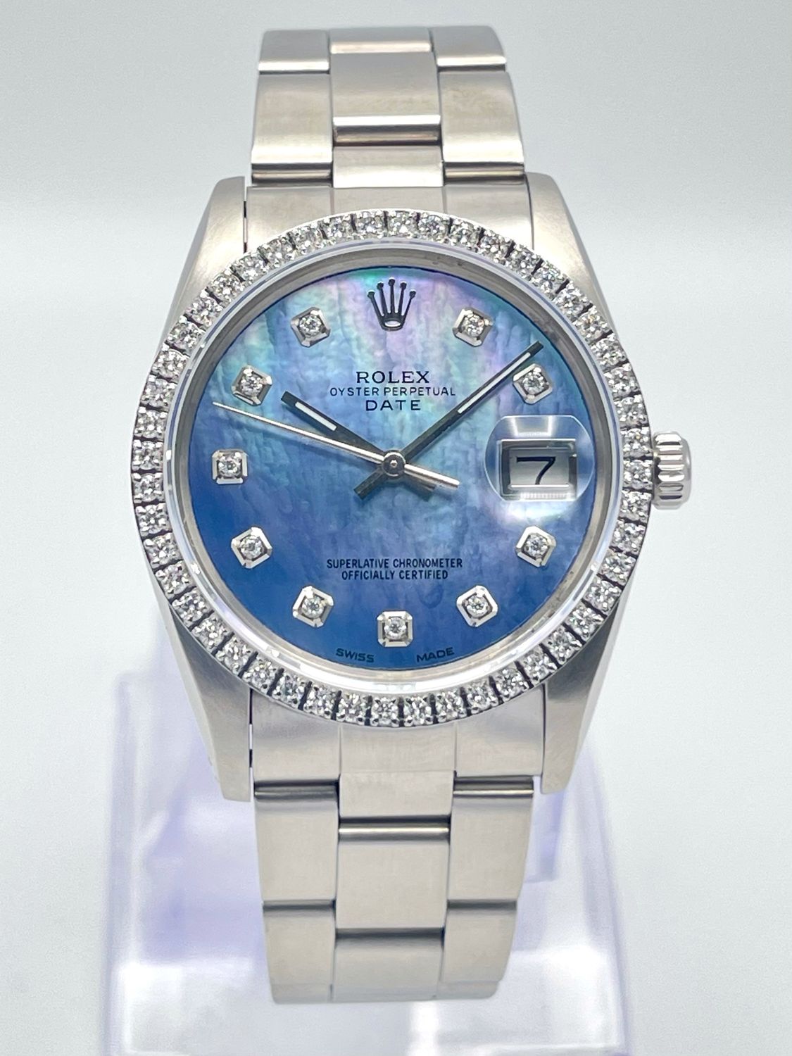 Rolex Oyster Date 34mm 15000 Blue MOP Diamond Dial &amp; Diamond Bezel Datejust Box