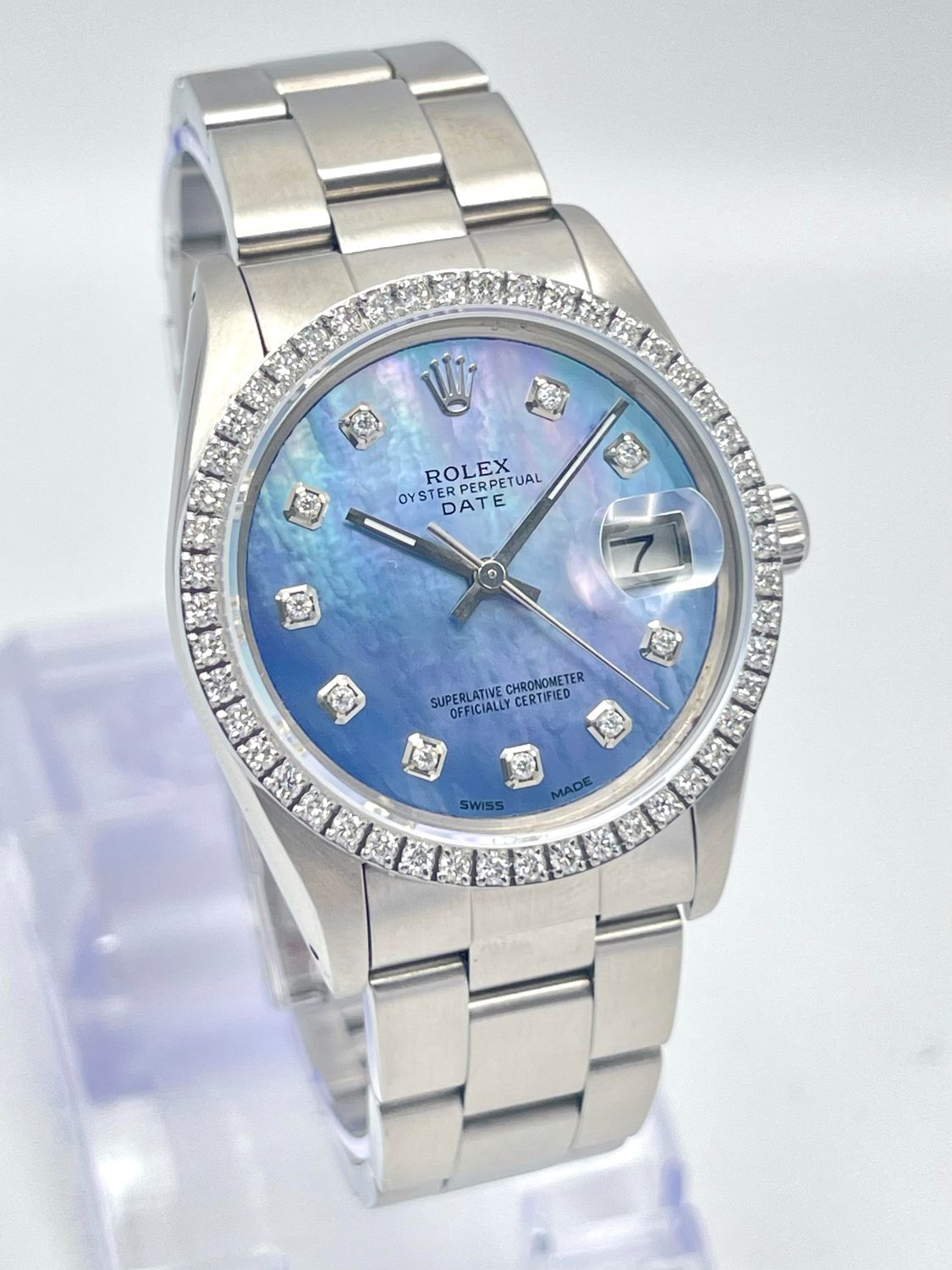 Rolex Oyster Date 34mm 15000 Blue MOP Diamond Dial &amp; Diamond Bezel Datejust Box