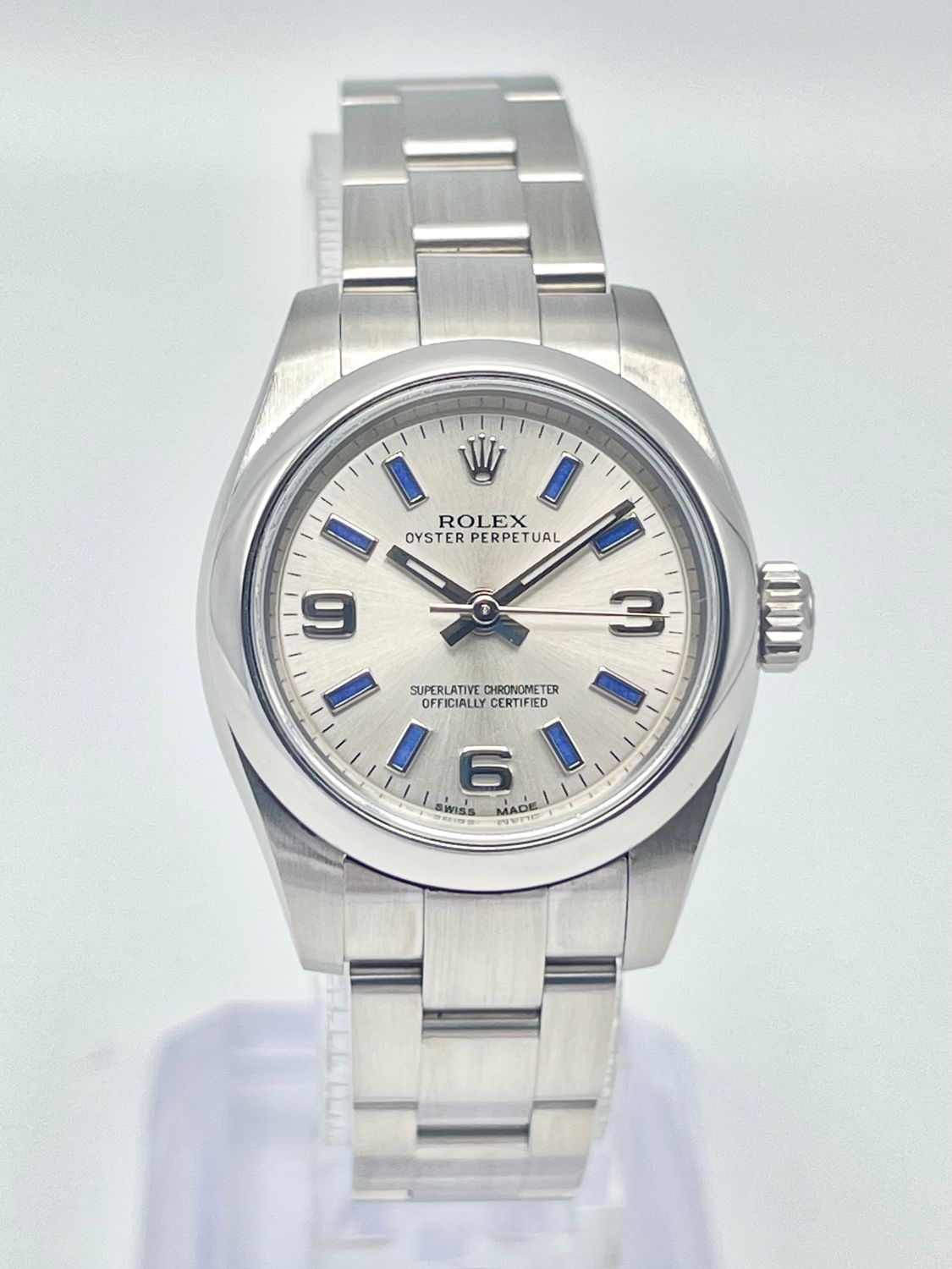 Rolex Oyster Perpetual 26mm 176200 Silver Blue Batton Arabic Dial Smooth Bezel