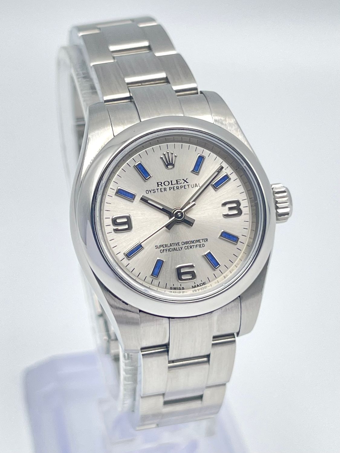 Rolex Oyster Perpetual 26mm 176200 Silver Blue Batton Arabic Dial Smooth Bezel