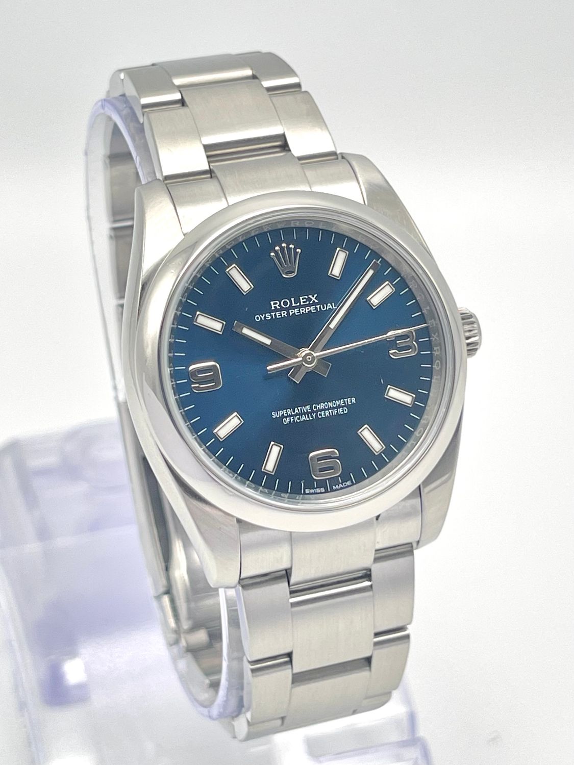 Rolex Oyster Perpetual 114200 34mm Blue Arabic Dial Smooth Bezel Oyster
