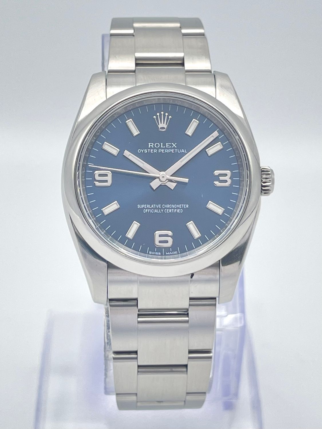 Rolex Oyster Perpetual 114200 34mm Blue Arabic Dial Smooth Bezel Oyster