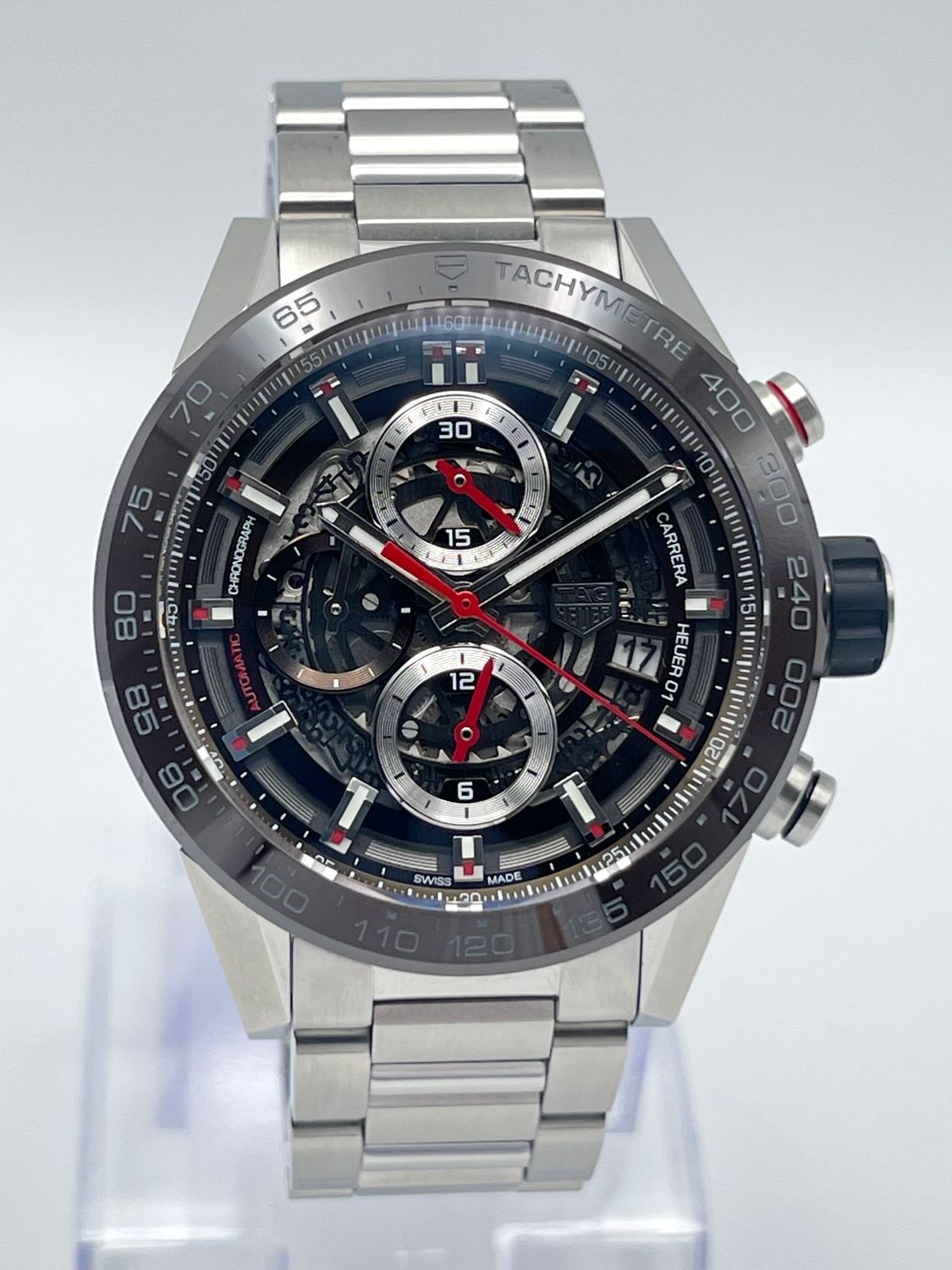 Tag Heuer Carrera CAR201U 43mm Brown Skeleton Dial Chronograph Automatic Papers