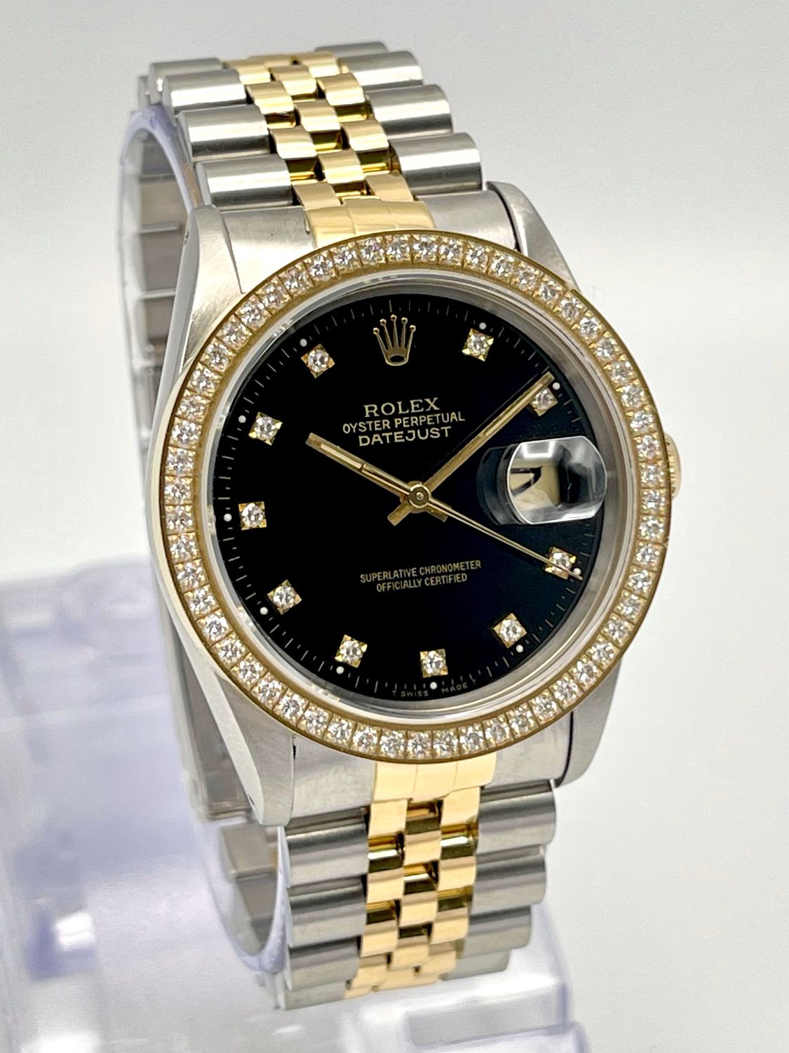 Rolex Datejust 16233 36mm Black Diamond Dial Jubilee Diamond Bezel Two Tone Box