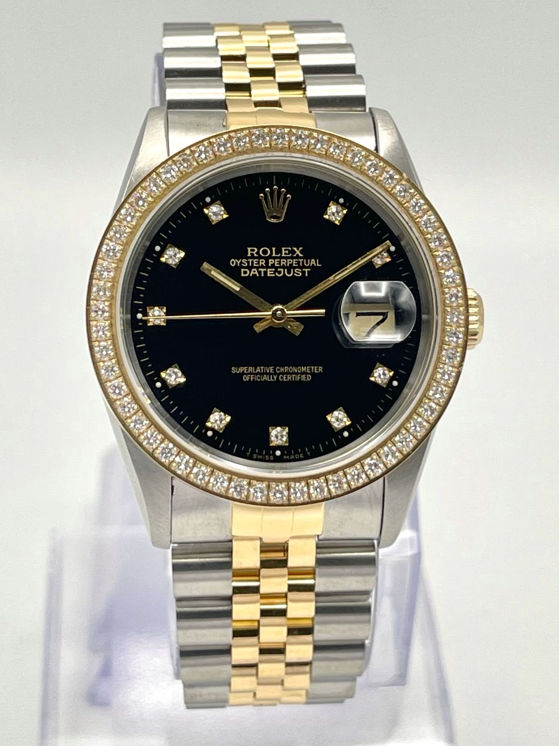 Rolex Datejust 16233 36mm Black Diamond Dial Jubilee Diamond Bezel Two Tone Box