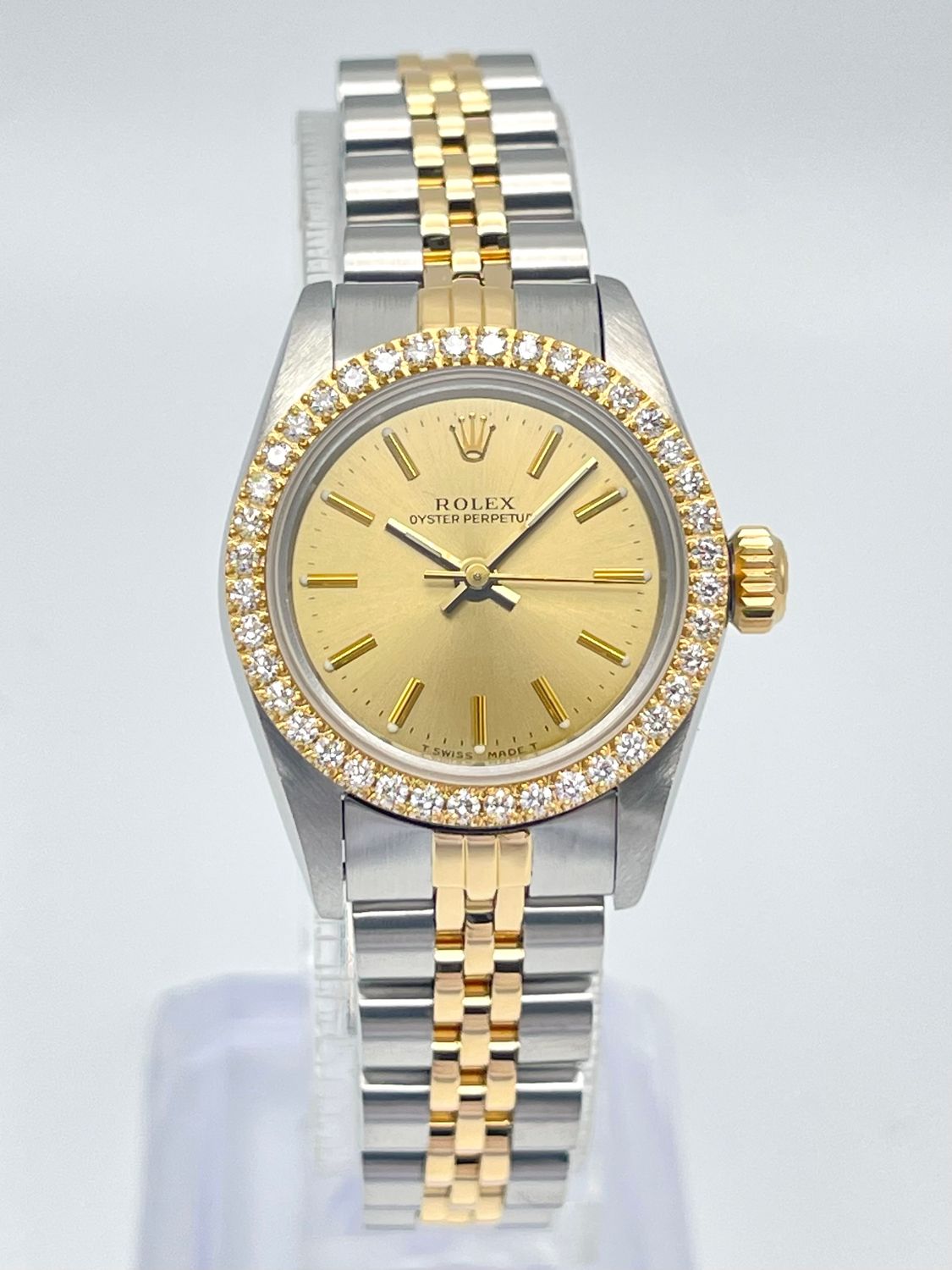 Rolex Oyster Perpetual 26mm 67193 Factory Champagne Baton Dial Diamond Bezel