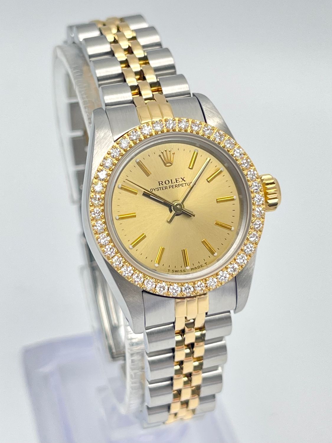 Rolex Oyster Perpetual 26mm 67193 Factory Champagne Baton Dial Diamond Bezel