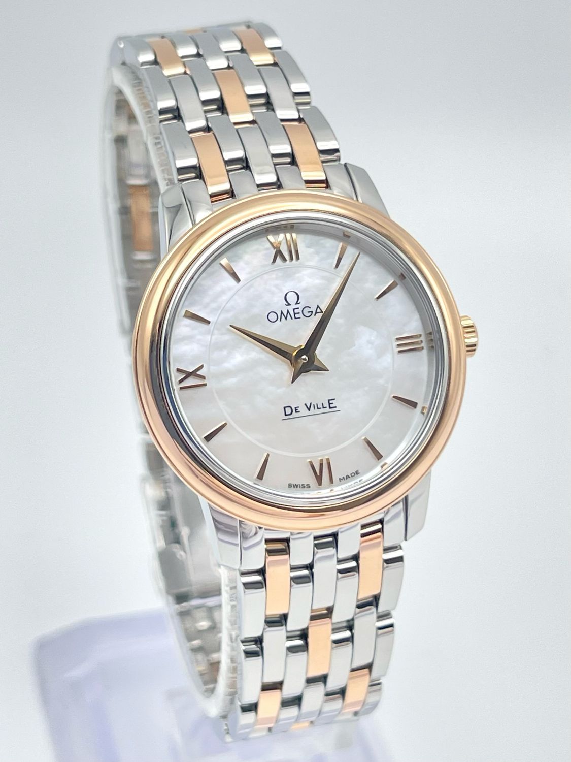 Omega De Ville Prestige MOP Diamond Dial 27mm Quartz Rose Gold Numerals Two Tone