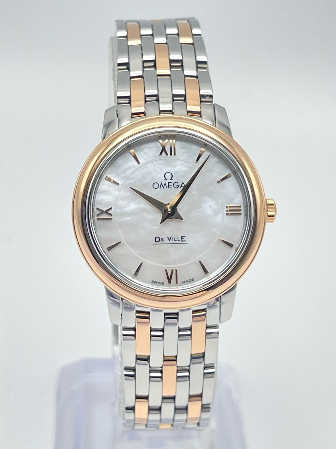 Omega De Ville Prestige MOP Diamond Dial 27mm Quartz Rose Gold Numerals Two Tone