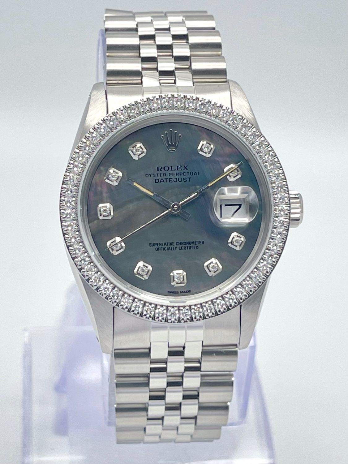 Rolex Datejust 16030 36mm Tahitian MOP Diamond Dial Diamond Bezel Jubilee Box