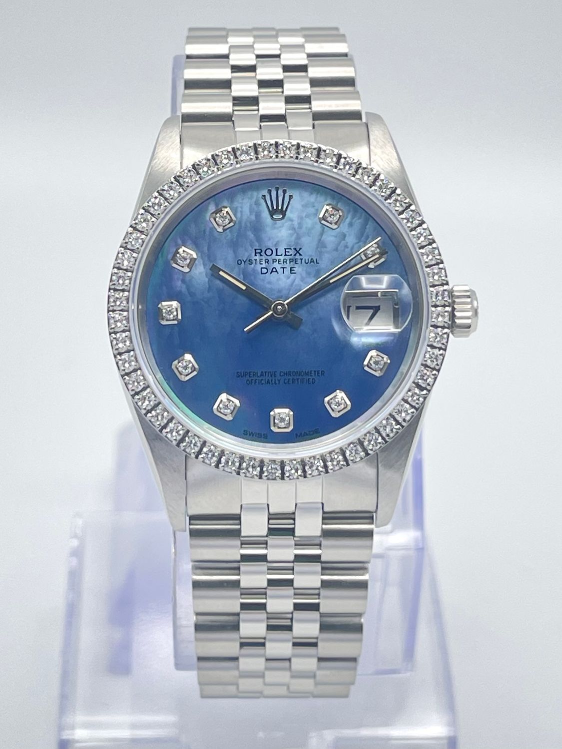 Rolex Date 34mm 15210 Blue MOP Diamond Dial Diamond Bezel Datejust Jubilee Box