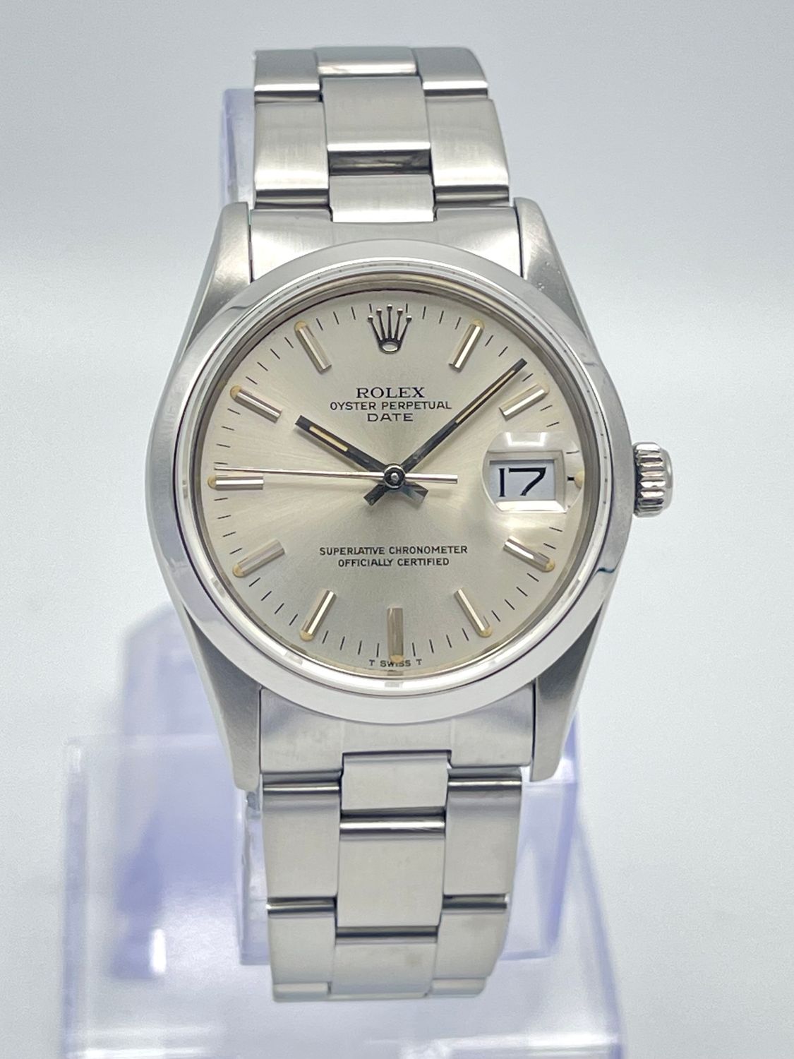Rolex Oyster Date 34mm 15000 Silver Baton Dial &amp; Smooth Bezel Datejust Box
