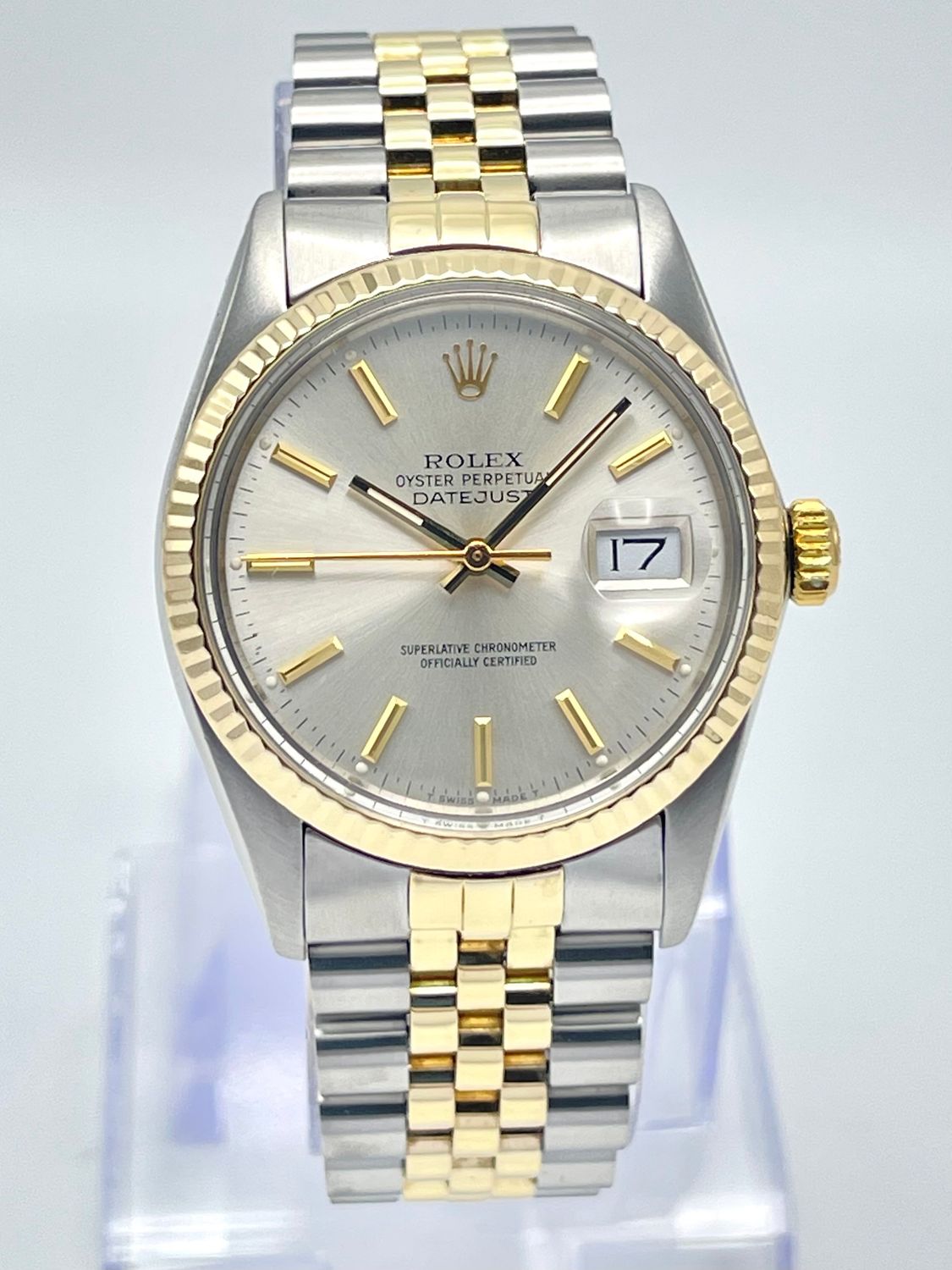 Rolex Datejust 16013 36mm Silver Baton Dial Fluted Bezel Jubilee Bi Metal Box