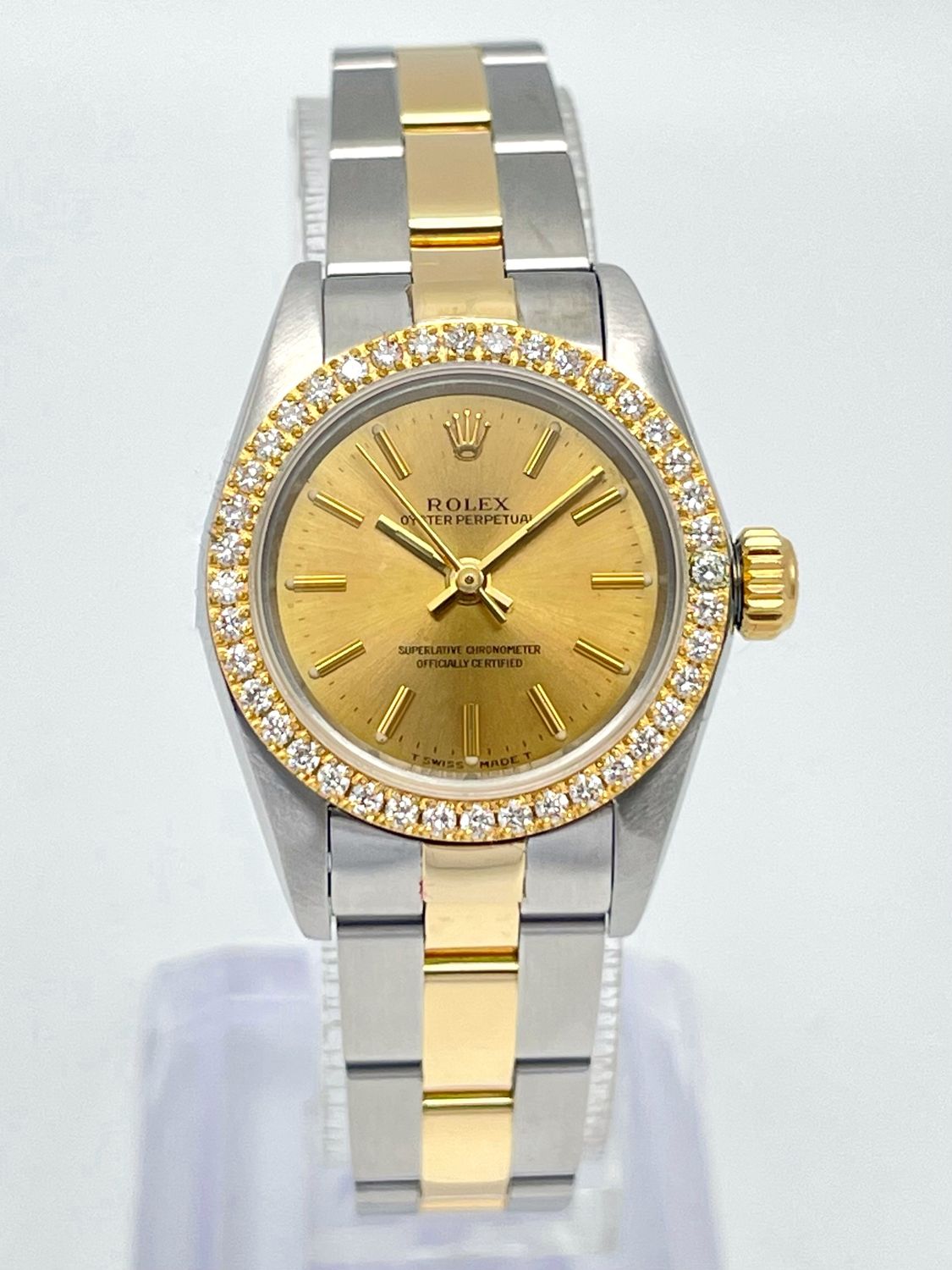 Rolex Oyster Perpetual 67193 24mm Factory Baton Dial Diamond Bezel Two Tone