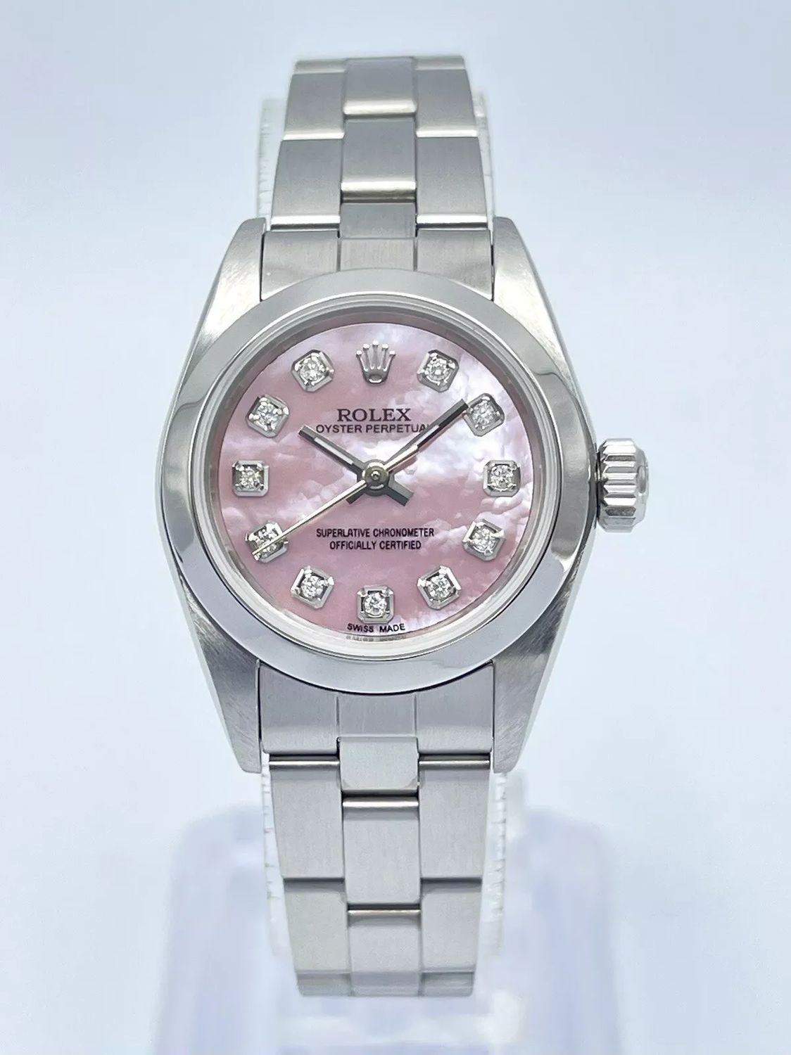 Ladies Rolex Oyster Perpetual 67180 24mm Pearl Pink MOP Diamond Dial Box