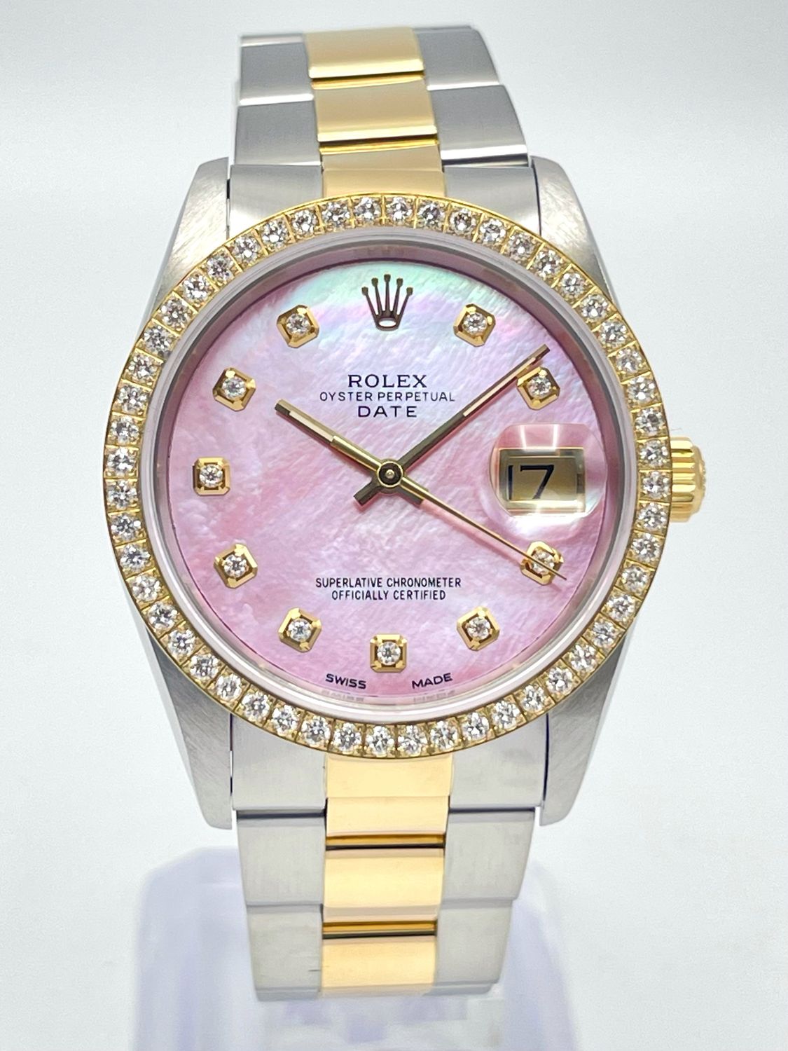 Rolex Datejust 34mm 15223 Pink MOP Diamond Dial &amp; Diamond Bezel Two Tone Box
