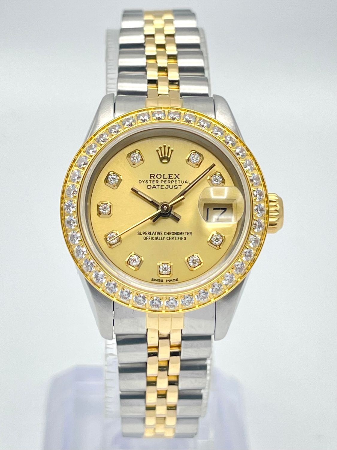 Rolex Datejust 26mm 69173 Champagne Diamond Dial Custom Bezel Two Tone Jubilee