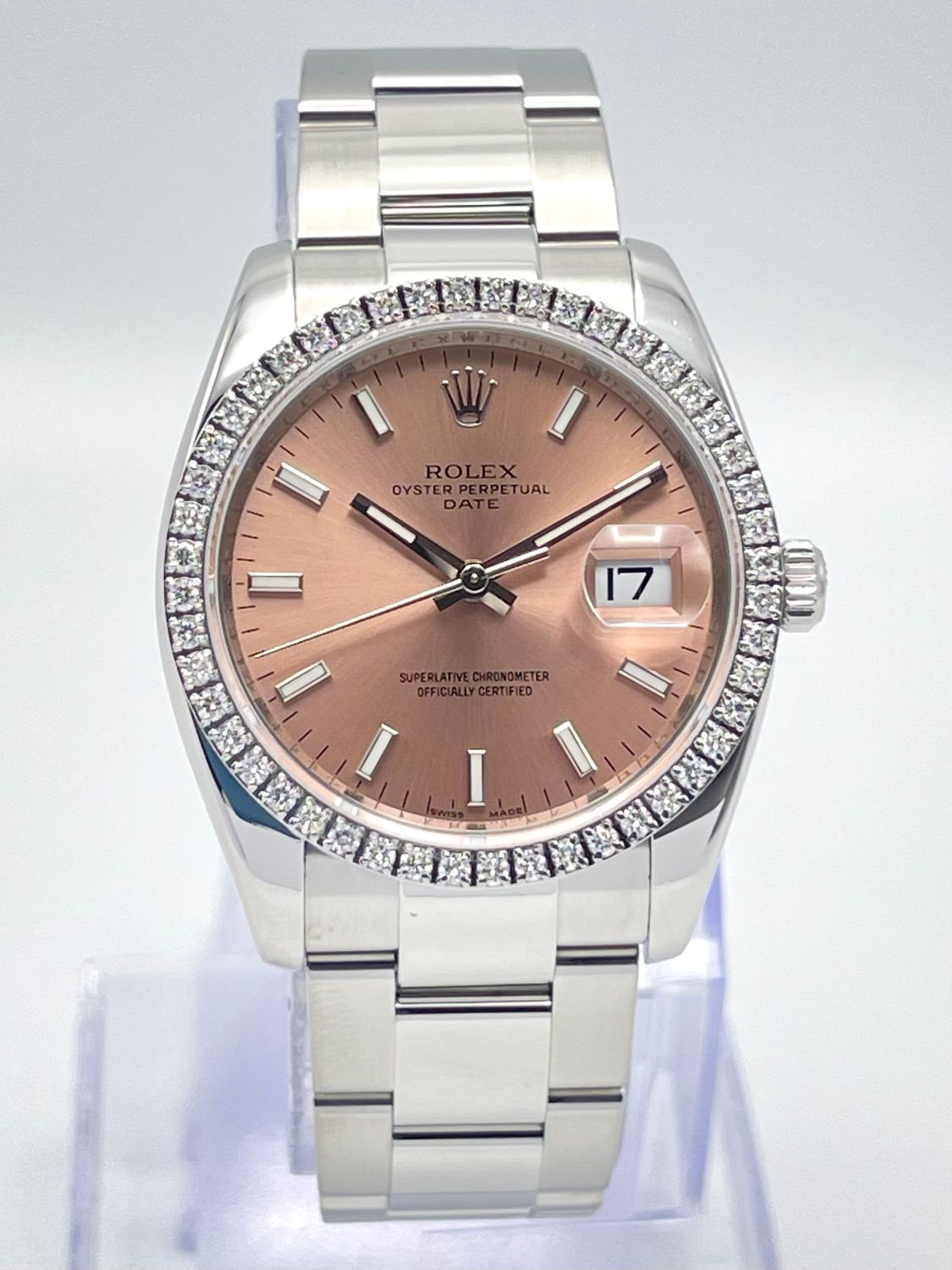 Rolex Oyster Date 34mm 115210 Salmon Baton Dial &amp; Diamond Bezel Datejust Papers