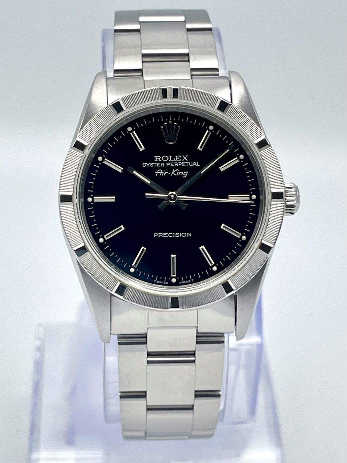 Rolex Air-King 14010 34mm Black Baton Dial Engine Turned Bezel Oyster Papers