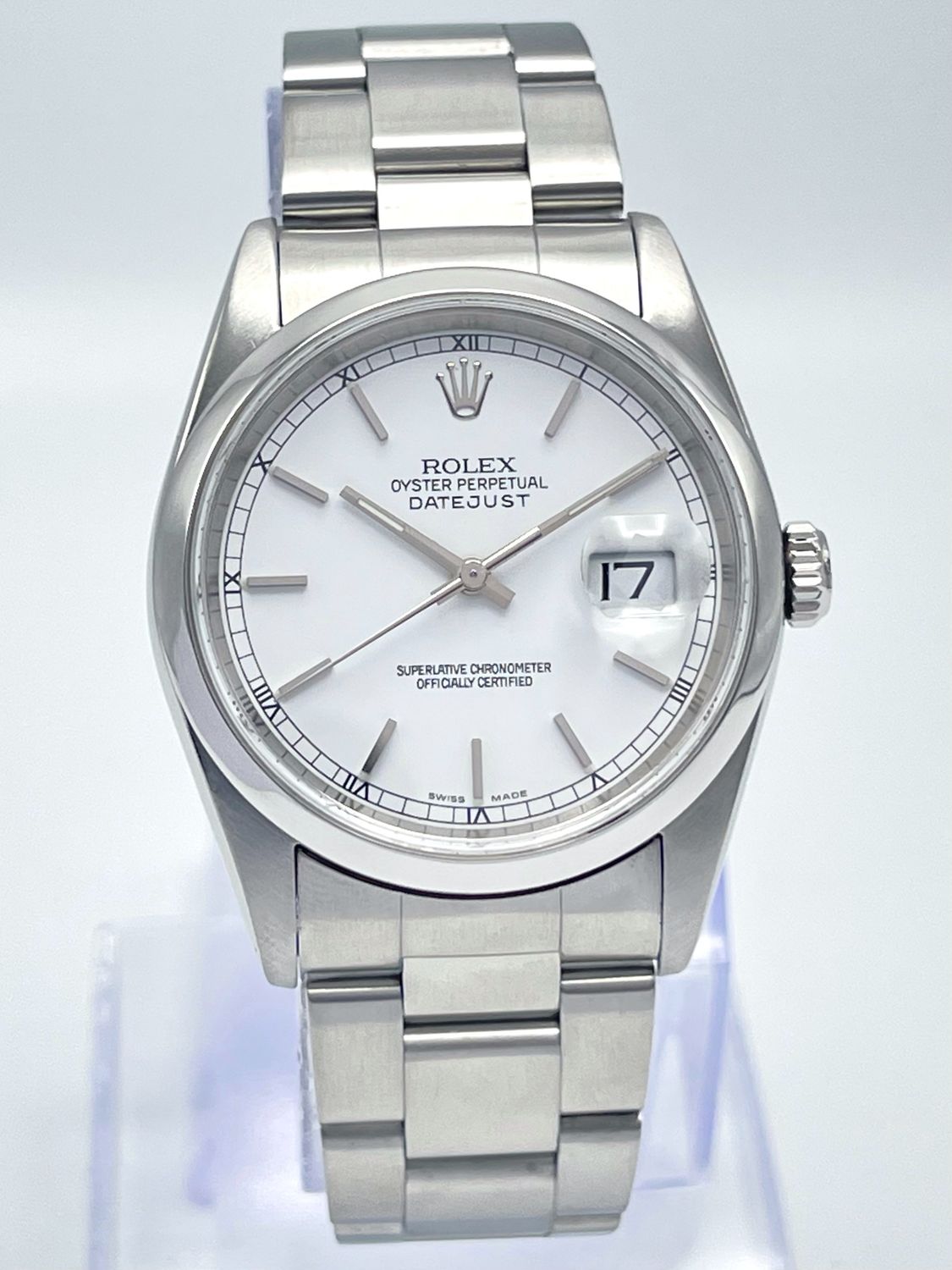 Rolex Datejust 16200 36mm White Baton Dial Smooth Bezel Stainless Oyster Papers