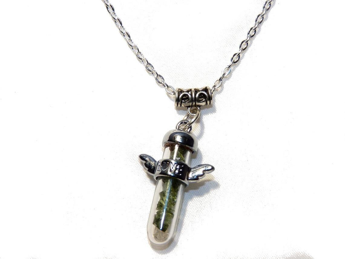 Moldavite and Herkimer Crystal Glass Vial Guardian Angel Pendant - Genuine Authentic
