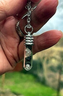 Moldavite, Prophecy Stone, Libyan Dessert Glass and Herkimer Crystal Glass Vial Pendant