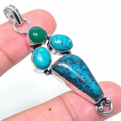 Large Azurite, Turquoise & Green Onyx  925 Silver Crystal Pendant