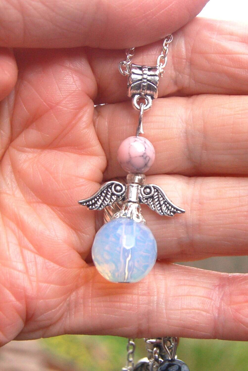 Beautiful Handcrafted Opalite and Rhodochrosite Crystal Guardian Angel Pendant Charm - Boxed Gift - Inner Child Healing
