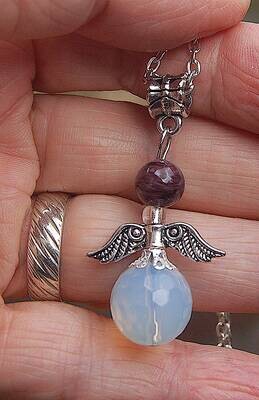 Beautiful Handcrafted Opalite and Lepidolite Crystal Guardian Angel Pendant Charm - Boxed Gift - Lunar Energy - Anxiety