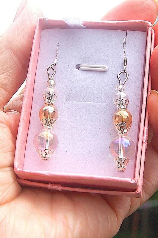 2 &quot; Beautiful Angel Aura and Sunshine Aura Quartz Dangle Earrings Boxed Gift 925 Silver Earloop Angelic Energy