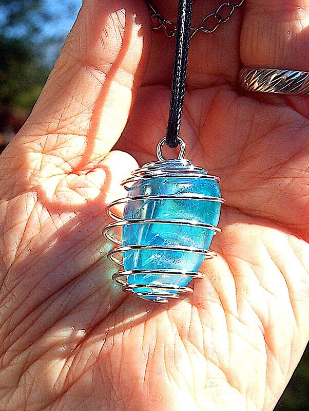 Amazing B Grade Aqua Aura Tumblestone Pebble Crystal coil Pendant Channeling Throat Chakra Smooths Auric Field Meditation