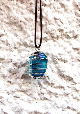 Amazing B Grade Aqua Aura Tumblestone Pebble Crystal coil Pendant Channeling Throat Chakra Smooths Auric Field Meditation